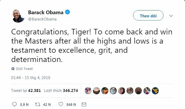 Tổng thống Trump, Obama và hàng loạt ngôi sao hân hoan chúc mừng chiến thắng của huyền thoại golf Tiger Woods trong giải Master 2019 - Ảnh 2. Tổng thống Trump, Obama và hàng loạt ngôi sao hân hoan chúc mừng chiến thắng của huyền thoại golf Tiger Woods trong giải Master 2019 - Ảnh 2.