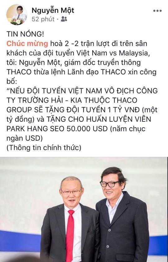 Thaco hứa tặng 1 tỷ đồng nếu đội tuyển Việt Nam vô địch AFF Cup 2018 - Ảnh 1.