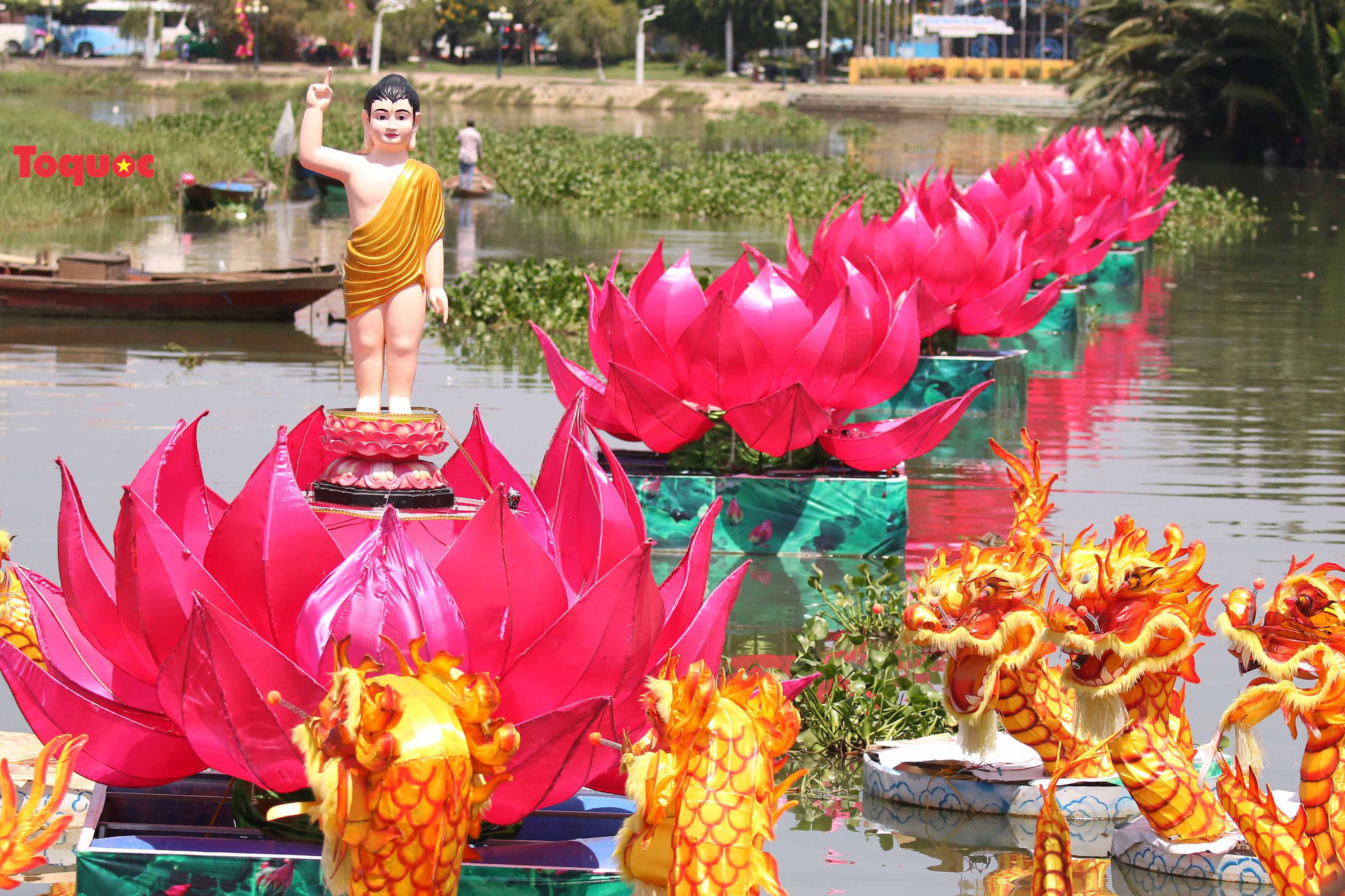7 đóa sen khổng lồ cùng hình ảnh Đức Phật đản sinh trên sông Hoài