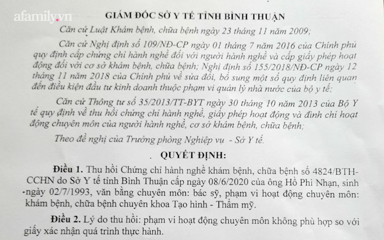 Bác sĩ Hồ Phi Nhạn bị Sở Y tế Bình Thuận tước chứng chỉ hành nghề thẩm mỹ cấp sai quy định - Ảnh 1.