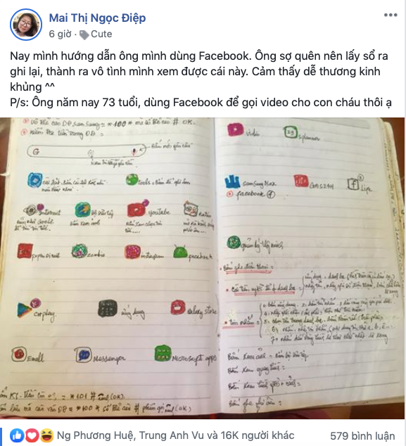 Cô gái khoe ông nội 73 tuổi dùng Facebook nhưng cách ông ghi chép trong cuốn &quot;sổ nhớ có 1-0-2&quot; khiến dân mạng té ngửa - Ảnh 1.