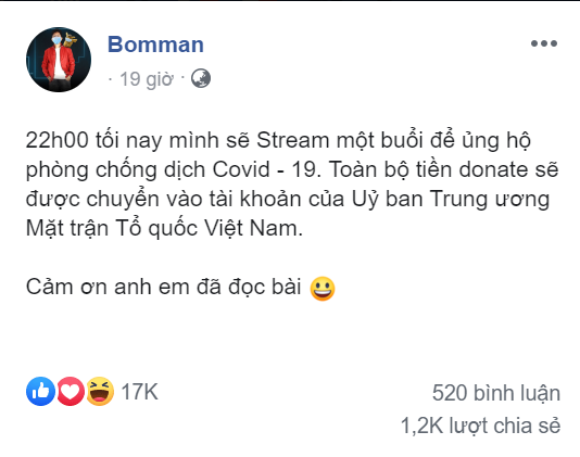 Cộng đồng mạng tán thưởng hành động đẹp của Bomman: dành toàn bộ tiền donate để ủng hộ chiến dịch chống Covid-19 - Ảnh 2.