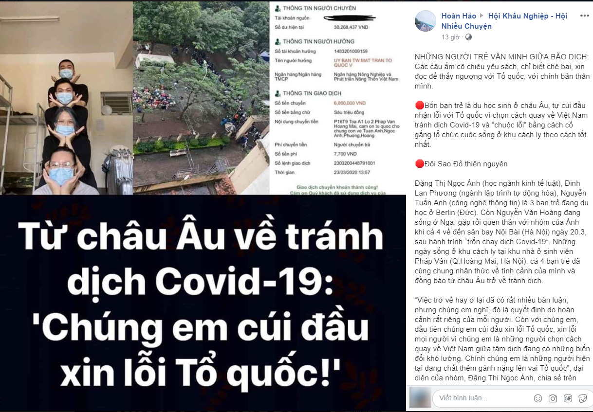 Trở về nước sau hành trình “trốn chạy dịch Covid-19”: Nhóm du học sinh &quot;cúi đầu xin lỗi Tổ quốc!&quot;, tự nguyện làm &quot;Sao đỏ&quot; trong khu cách ly, hình ảnh đẹp được bao người ủng hộ - Ảnh 1.