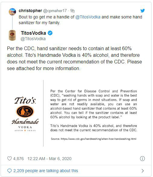 Vodka không phải chất khử trùng - Một công ty rượu dành cả ngày trên Twitter để cảnh báo khách hàng - Ảnh 2.