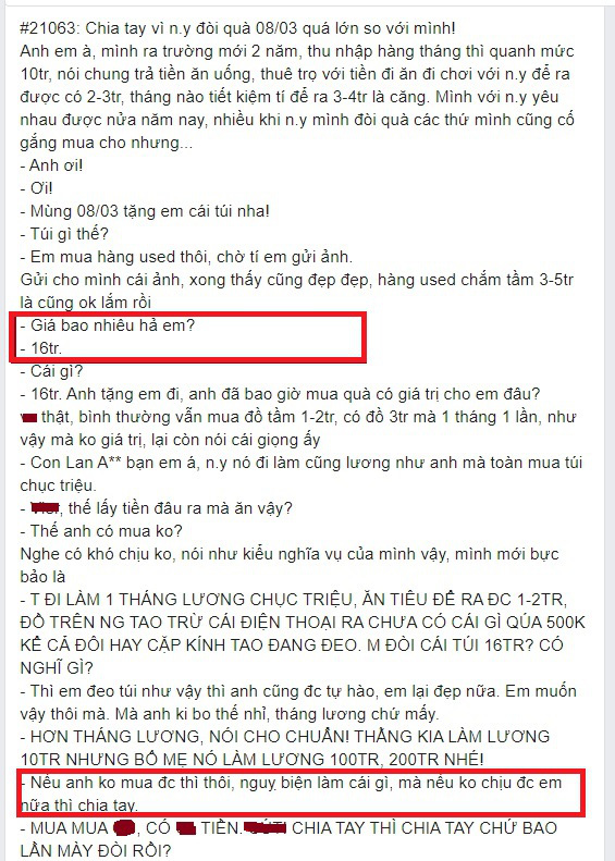 Người yêu làm lương 10 triệu, cô gái đòi quá 8/3 16 triệu để đẹp mặt 2 đứa, khi không được đáp ứng thì giận dỗi đòi chia tay