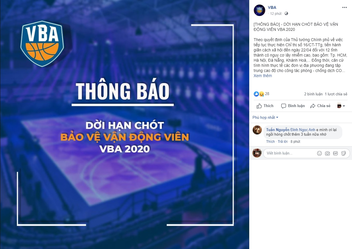 Ban tổ chức VBA tiếp tục gia hạn thời gian gửi danh sách bảo vệ VĐV cho mùa giải 2020 - Ảnh 1. Ban tổ chức VBA tiếp tục gia hạn thời gian gửi danh sách bảo vệ VĐV cho mùa giải 2020 - Ảnh 1.