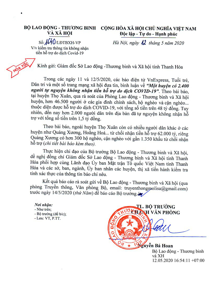 Yêu cầu kiểm tra thông tin hàng loạt hộ dân ở Thanh Hóa không nhận tiền hỗ trợ khó khăn do dịch Covid-19 - Ảnh 1.