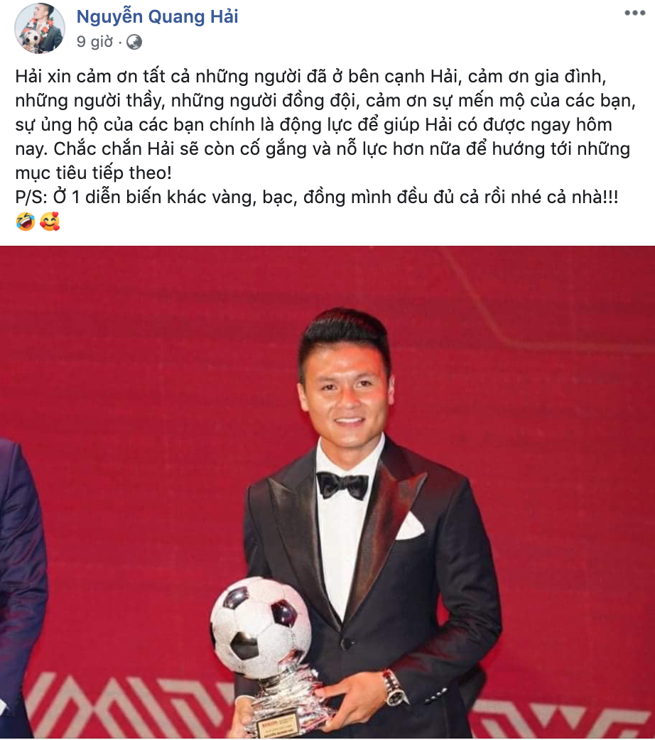 Quang Hải đăng bài cảm ơn sau khi giành Quả bóng bạc Việt Nam, fan lại tới tấp chê chuyện đời tư - Ảnh 1.