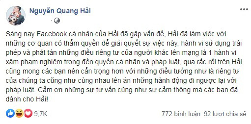 Luật sư nhận định án phạt cho kẻ hack facebook & làm lộ bí mật đời tư Quang Hải - Ảnh 1. Luật sư nhận định án phạt cho kẻ hack facebook & làm lộ bí mật đời tư Quang Hải - Ảnh 1.