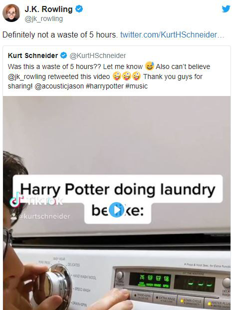 TikToker tạo ra bản nhạc kinh điển trong Harry Potter chỉ với 1 chiếc máy giặt, được nhà văn J. K Rowling đích thân khen ngợi - Ảnh 3. TikToker tạo ra bản nhạc kinh điển trong Harry Potter chỉ với 1 chiếc máy giặt, được nhà văn J. K Rowling đích thân khen ngợi - Ảnh 3.