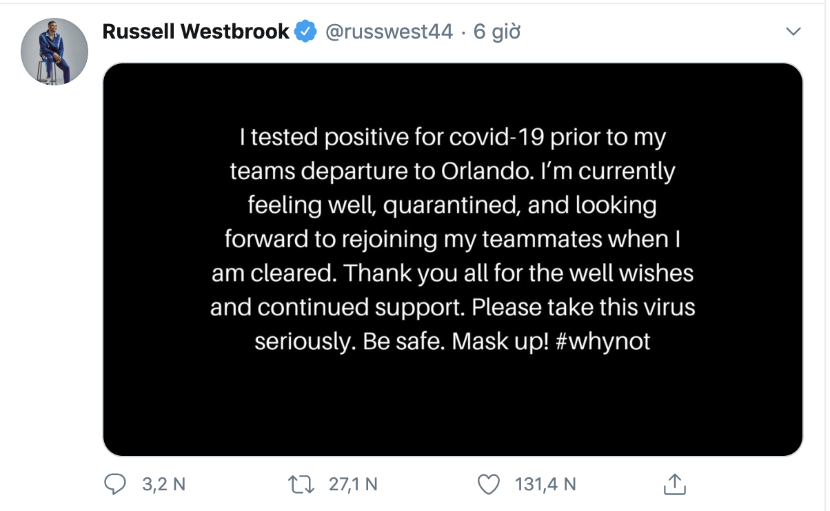 NÓNG: Russell Westbrook xác nhận dương tính Covid-19 - Ảnh 1.