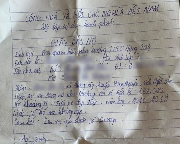 Nhà trường bắt học sinh lớp 7 viết “giấy báo nợ” vì gia đình chưa đóng 162.000 đồng tiền gửi xe - Ảnh 1.