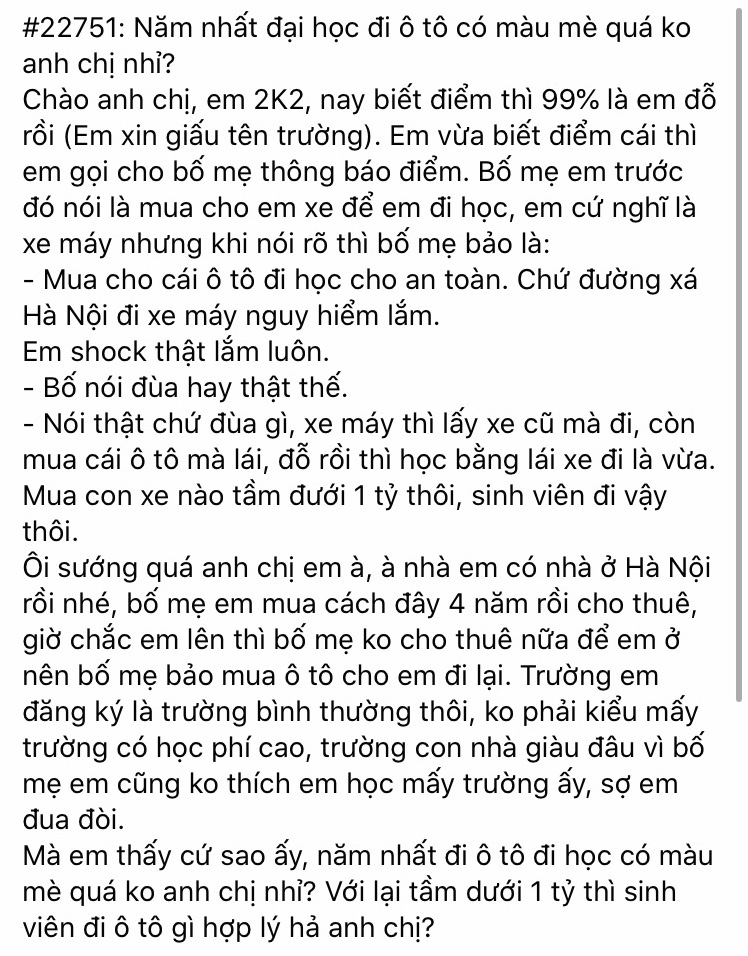 Vừa biết kết quả thi tốt nghiệp THPT, 1 thanh niên lên Confession hỏi: ‘Năm nhất Đại học đi ô tô có màu mè quá không?’ - Ảnh 2.