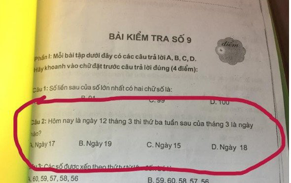 Bài toán lớp 1 gây lú: Hôm nay ngày 12 tháng 3, hỏi thứ 3 tuần sau của tháng 3 là ngày nào? - Ảnh 1.