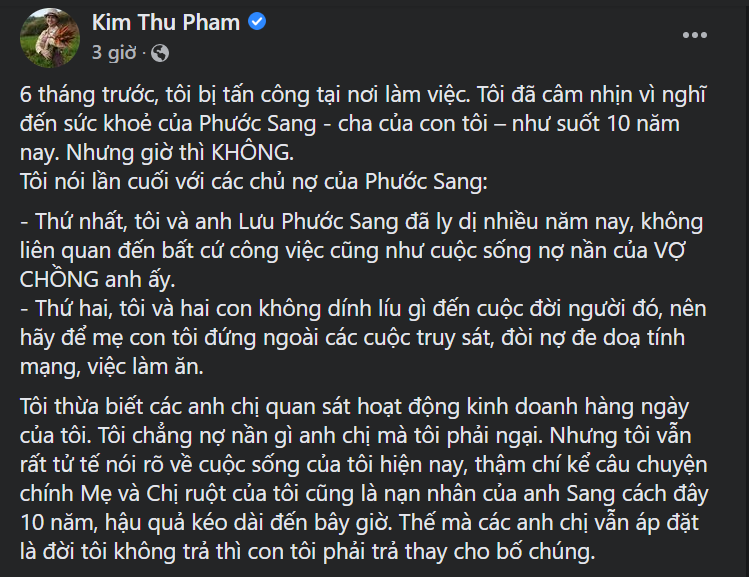 Ly hôn gần 10 năm, Kim Thư vẫn bị chủ nợ của Phước Sang đe dọa, tấn công - Ảnh 3.