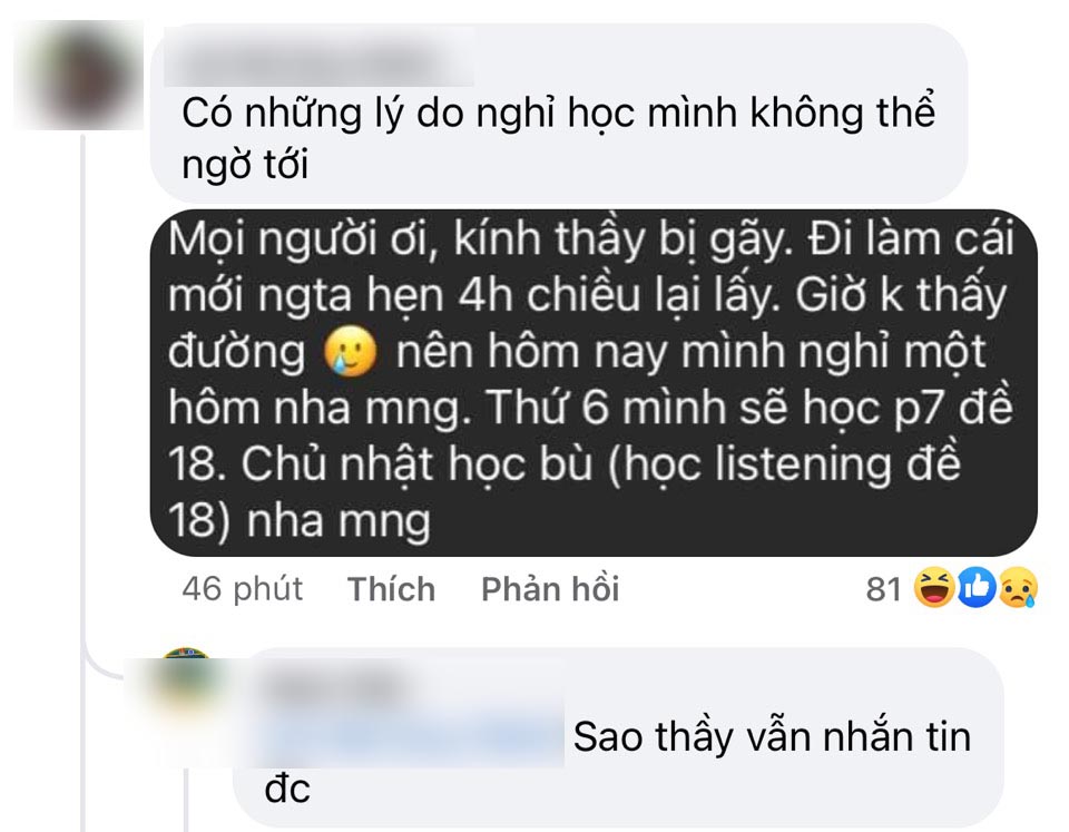 Nhắn tin cho cả lớp nghỉ học gấp, thầy giáo &quot;khuyến mãi&quot; thêm một câu khiến sinh viên sửng sốt: Có những lý do nghỉ học không thể ngờ tới - Ảnh 1.