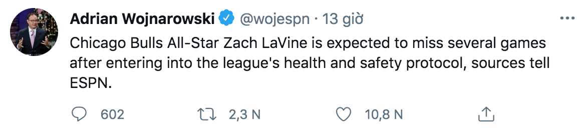 Ngôi sao Zach LaVine vắng mặt hai tuần do Covid-19, Chicago Bulls lo “sốt vó” - Ảnh 1.