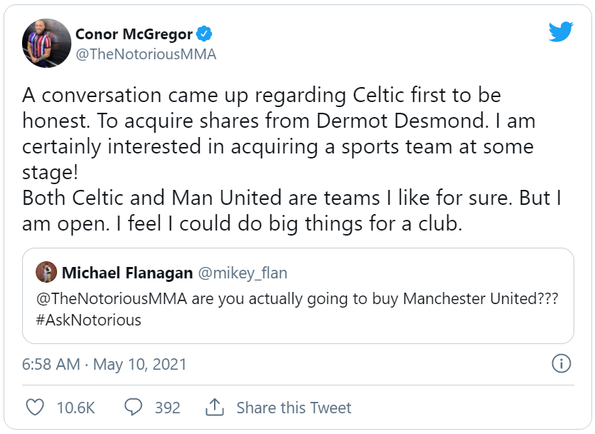 Conor McGregor tái khẳng định tham vọng thâu tóm Man United, tiết lộ đang đàm phán mua cổ phần của Celtic - Ảnh 1.