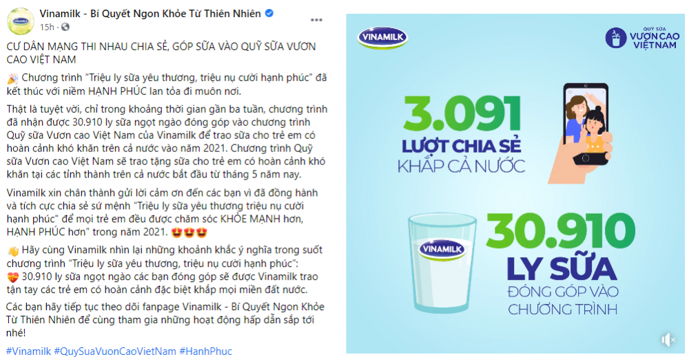 Quỹ sữa Vươn cao Việt Nam 2021 của Vinamilk sẽ có thêm 31.000 ly sữa từ sự tham gia của cộng đồng - Ảnh 1.