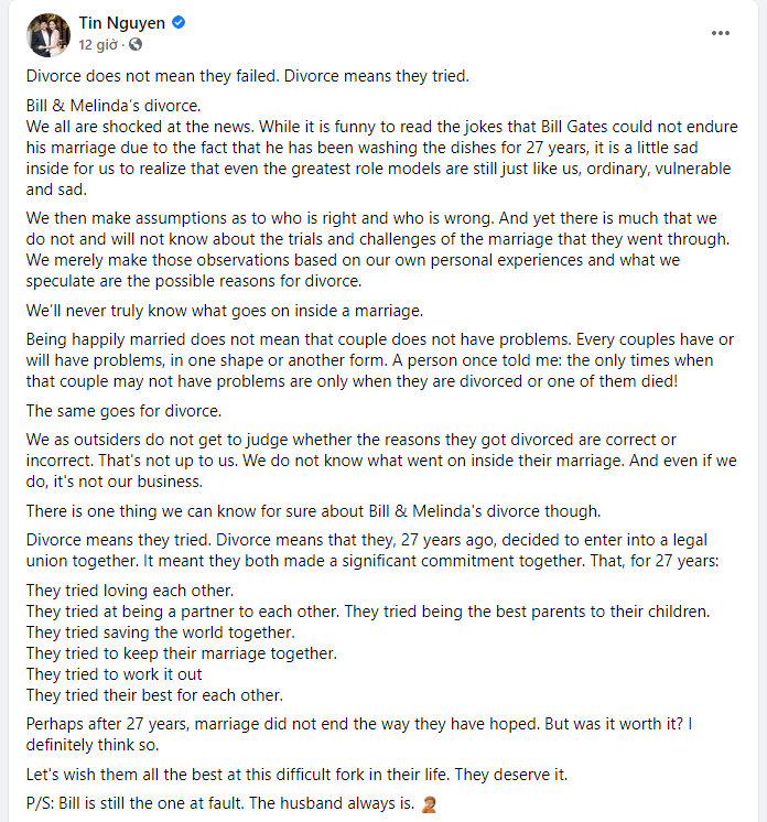 Ông xã Đặng Thu Thảo bất ngờ chia sẻ về chuyện ly hôn của tỷ phú Bill Gates: Người chồng luôn luôn có lỗi - Ảnh 2.