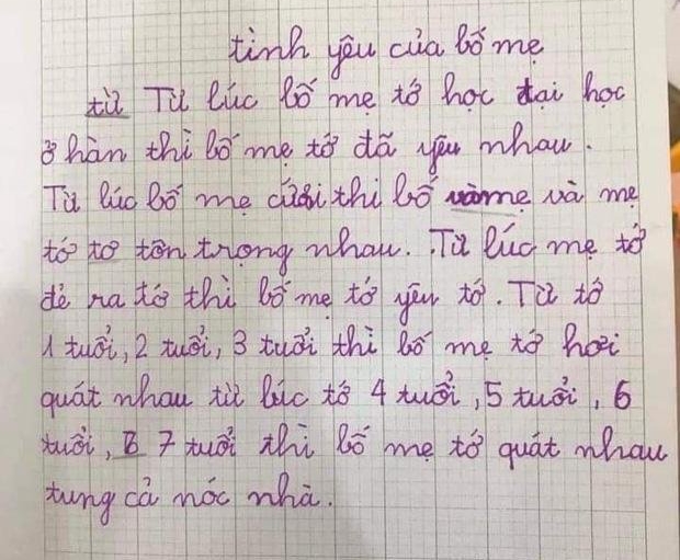 Khi học sinh làm văn tả tình yêu của bố mẹ, tưởng ngập tràn hạnh phúc ai ngờ bóc phốt đủ kiểu, đọc đến &quot;sự cố&quot; năm 7 tuổi đố ai nhịn được cười - Ảnh 1.