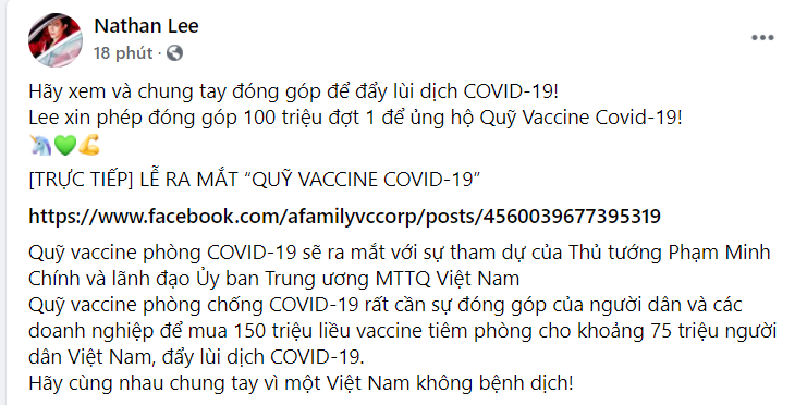 Dàn sao Việt đồng lòng kêu gọi chung tay gây quỹ vắc xin Covid-19: Nathan Lee xung phong quyên góp 100 triệu đồng đợt 1 - Ảnh 1.