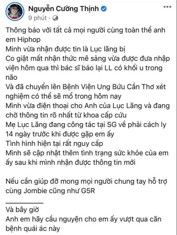 Nam rapper chung tổ đội cũ của Jack, từng collab với Dế Choắt nhập viện trong tình trạng co giật, phát hiện bị khối u ở não - Ảnh 1.