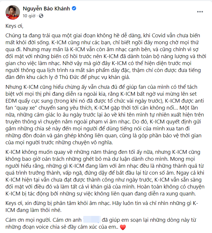 Tâm thư của K-ICM giữa scandal tình ái gây chấn động Vbiz, không quên &quot;cà khịa&quot; Jack bằng một câu? - Ảnh 1.