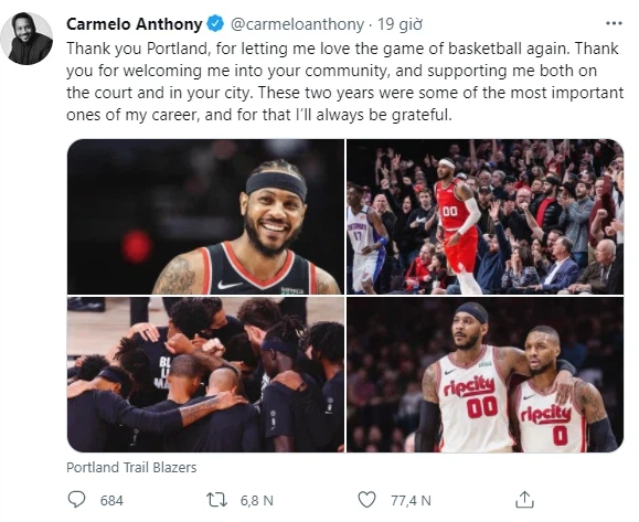 Carmelo Anthony nói lời tri ân cảm động đến người hâm mộ và đội bóng Blazers - Ảnh 1.