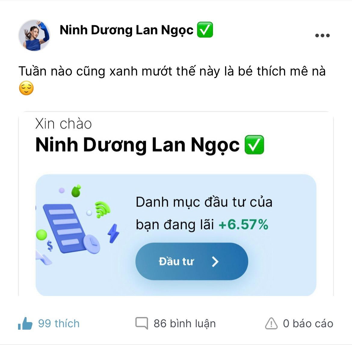 Thị trường đỏ lửa, Ninh Dương Lan Ngọc đầu tư chứng khoán lãi lời ra sao? - Ảnh 1.