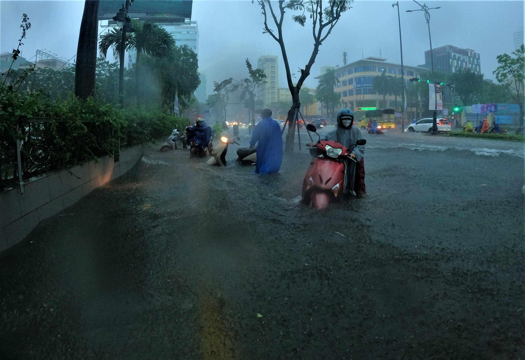 Clip, ảnh: Đường phố Đà Nẵng thành sông sau mưa, người dân dắt xe bì bõm về nhà - Ảnh 8.