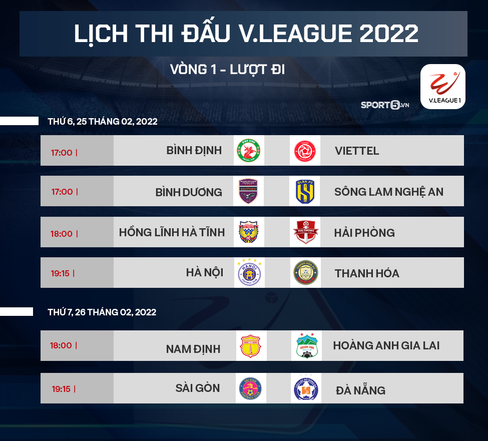Lịch thi đấu vòng 1 V.league 2022