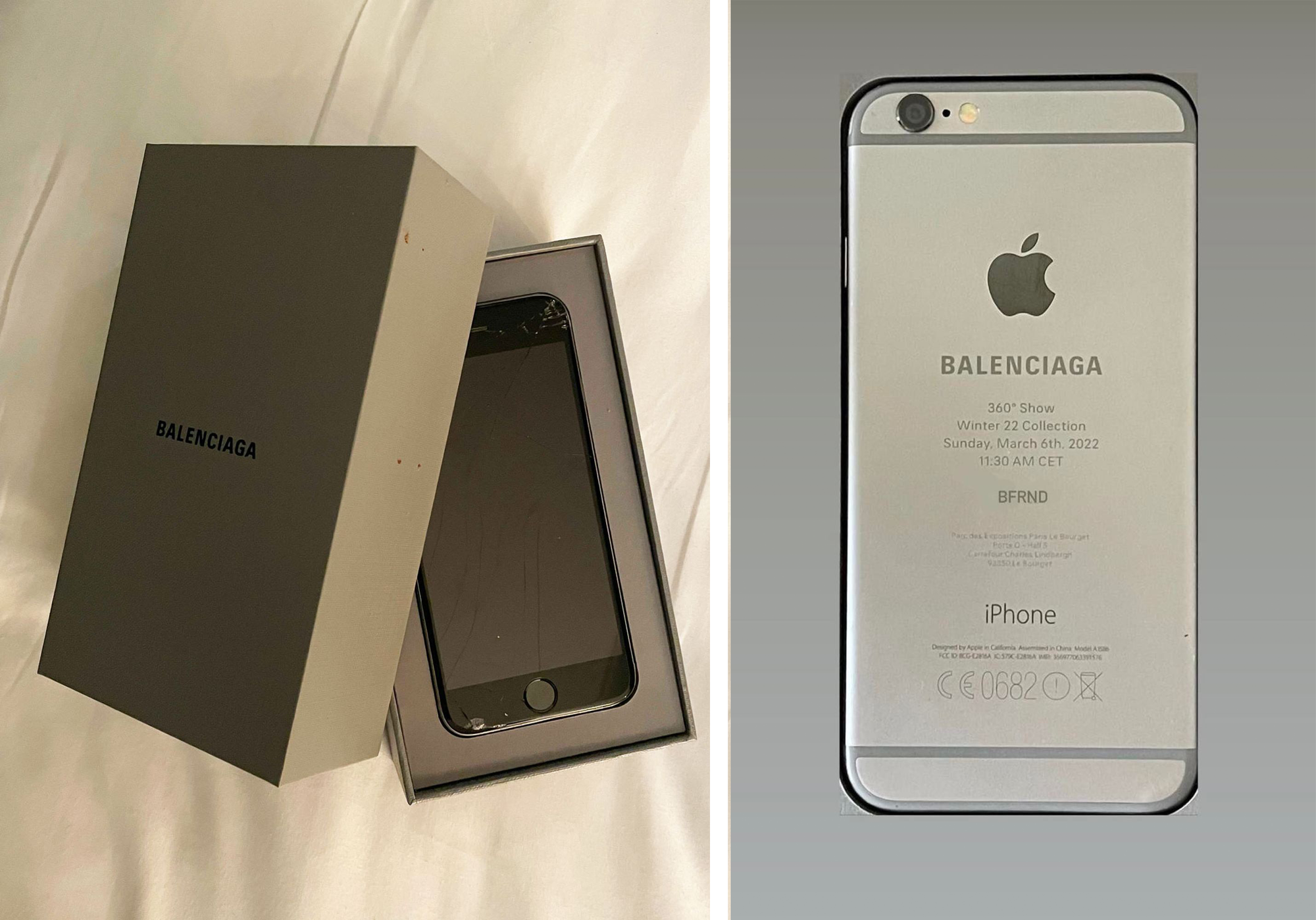 Tổ chức trình diễn thời trang, Balenciaga tặng khách mời iPhone 6 vỡ màn thay giấy mời - Ảnh 1.