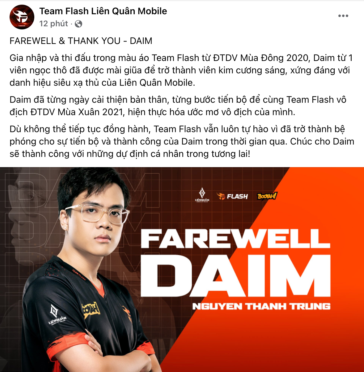 NÓNG: Daim chính thức rời Team Flash - Ảnh 2.