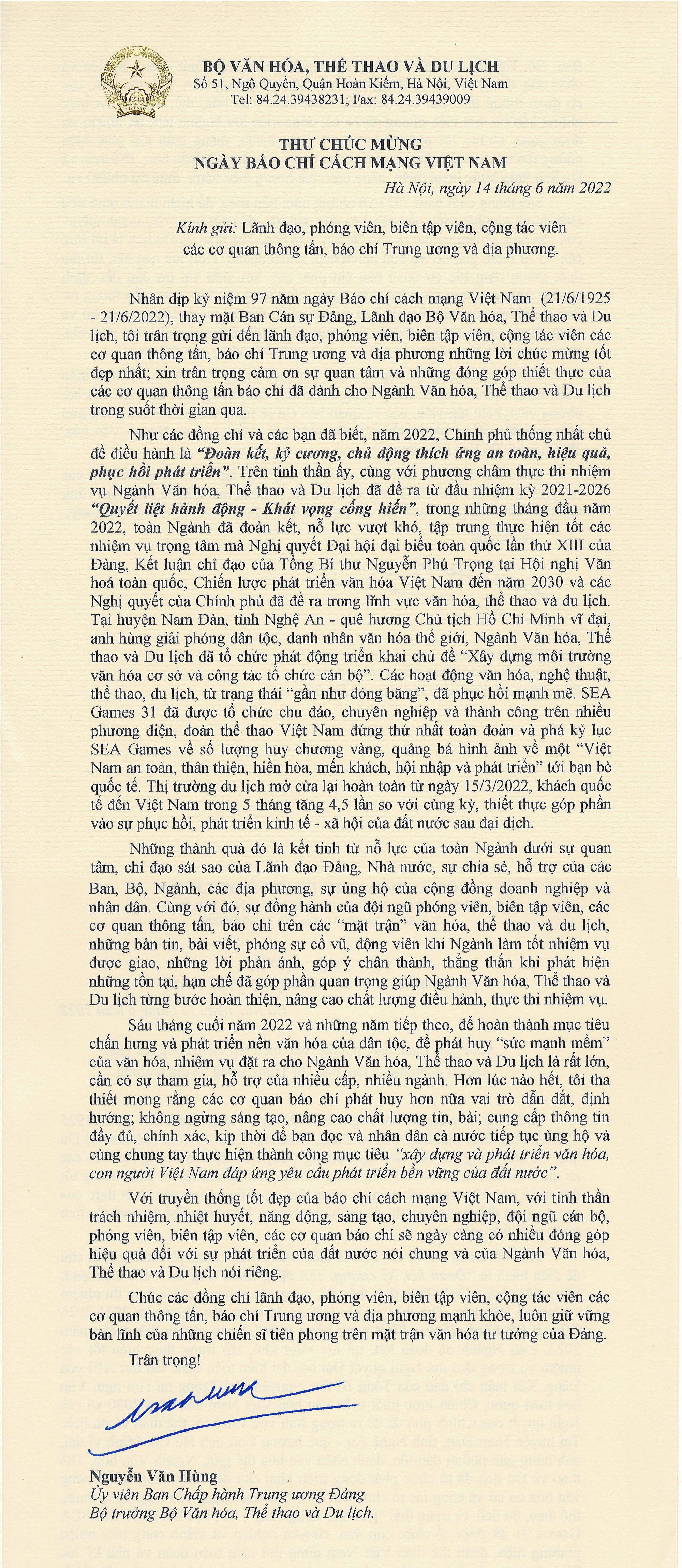 Thư chúc mừng của Bộ trưởng Bộ Văn hóa, Thể thao và Du lịch nhân Ngày Báo chí Cách mạng Việt Nam - Ảnh 1.