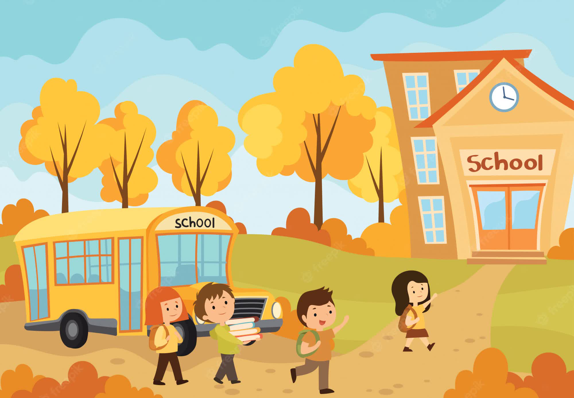 Premium Vector | Children going to school. illustration of the autumn  landscape with schoolchildren going back to school.