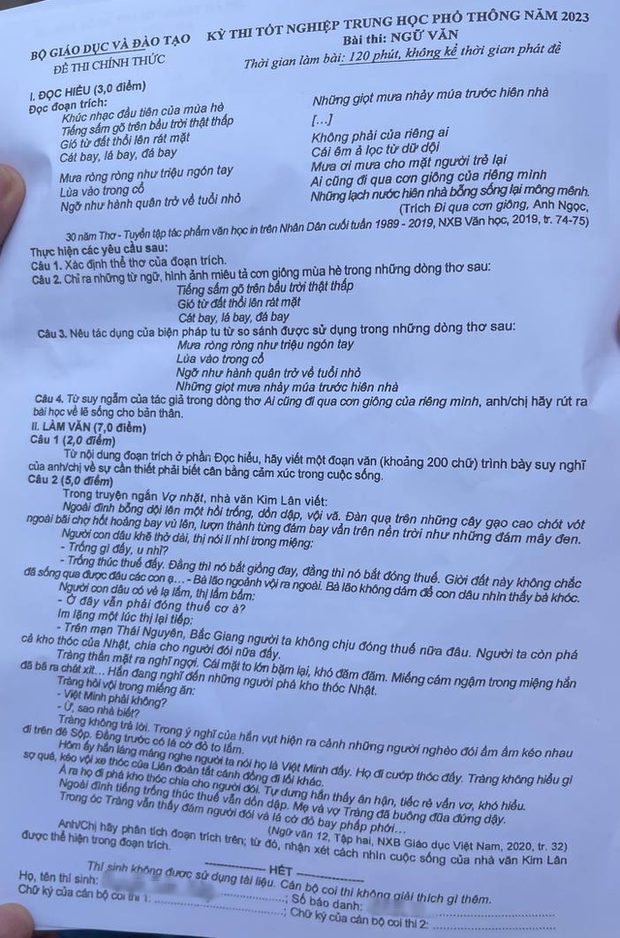 NÓNG: Đáp án tham khảo môn Ngữ văn kỳ thi tốt nghiệp THPT 2023 - Ảnh 1.