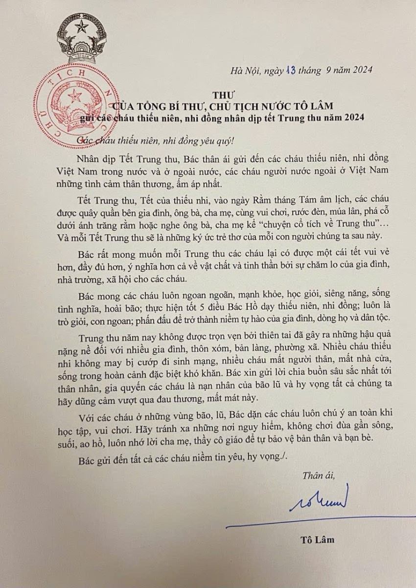 Tổng Bí thư, Chủ tịch nước Tô Lâm gửi thư chúc Tết Trung thu cho các cháu thiếu niên, nhi đồng- Ảnh 2.