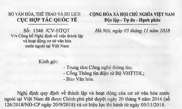 Thông tin về Nghị định quy định thành lập và hoạt động cơ sở văn hóa nước ngoài tại Việt Nam - Ảnh 1.