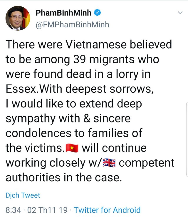 Phó Thủ tướng Phạm Bình Minh gửi lời chia buồn tới gia đình nạn nhân vụ 39 người chết ở Anh - Ảnh 1.