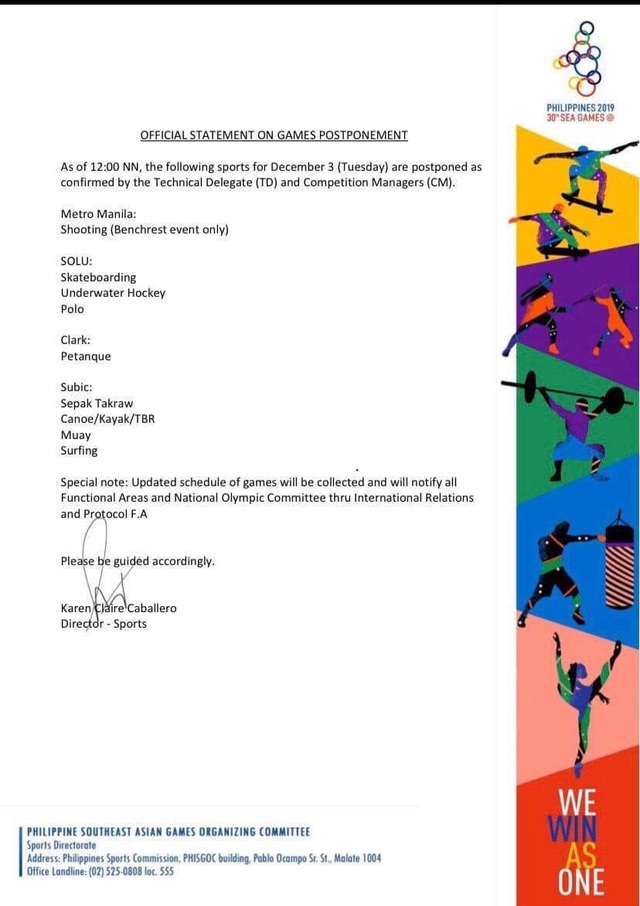 Ảnh hưởng siêu bão Kammuri, BTC SEA Games tiếp tục hoãn 9 môn, U22 Việt Nam vẫn có thể thi đấu - Ảnh 1. Ảnh hưởng siêu bão Kammuri, BTC SEA Games tiếp tục hoãn 9 môn, U22 Việt Nam vẫn có thể thi đấu - Ảnh 1.