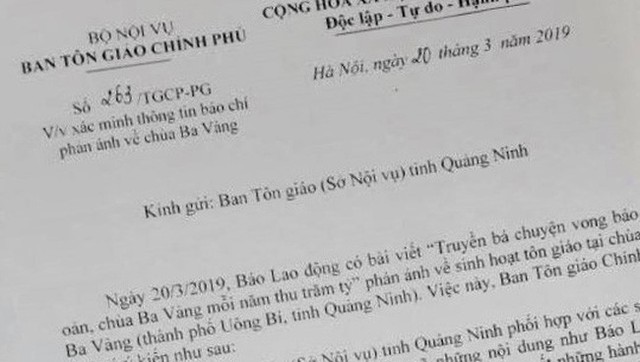 Ban Tôn giáo Chính phủ yêu cầu xác minh thông tin chùa Ba Vàng truyền bá vong báo oán - Ảnh 1.