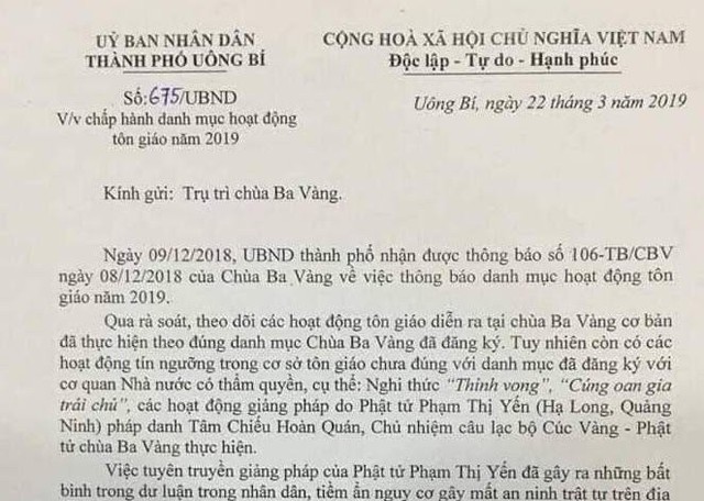 Quảng Ninh: Yêu cầu chùa Ba Vàng chấm dứt ngay các chương trình không có trong danh mục hoạt động tôn giáo 2019 - Ảnh 1.
