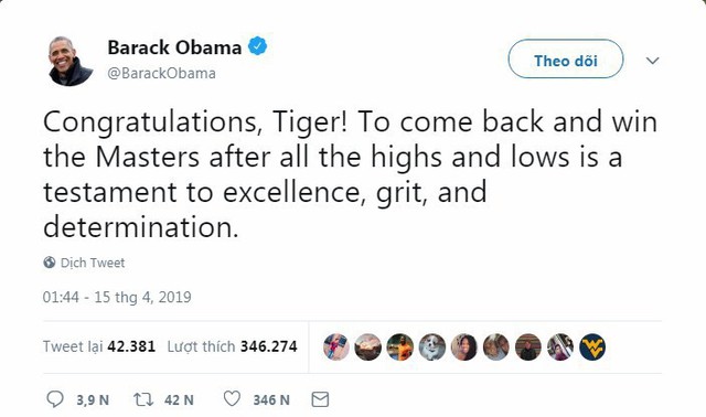 Tổng thống Trump, Obama và hàng loạt ngôi sao hân hoan chúc mừng chiến thắng của huyền thoại golf Tiger Woods trong giải Master 2019 - Ảnh 2.