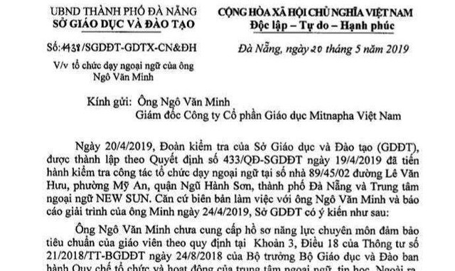 Đà Nẵng yêu cầu Mitnapha Việt Nam chấm dứt việc tổ chức dạy tiếng Anh trái phép  - Ảnh 1.