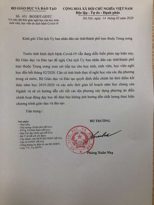 Bộ trưởng Phùng Xuân Nhạ gửi công văn &quot;Hỏa tốc&quot; đề nghị kéo dài thời gian nghỉ học đến hết tháng 02/2020 - Ảnh 1.