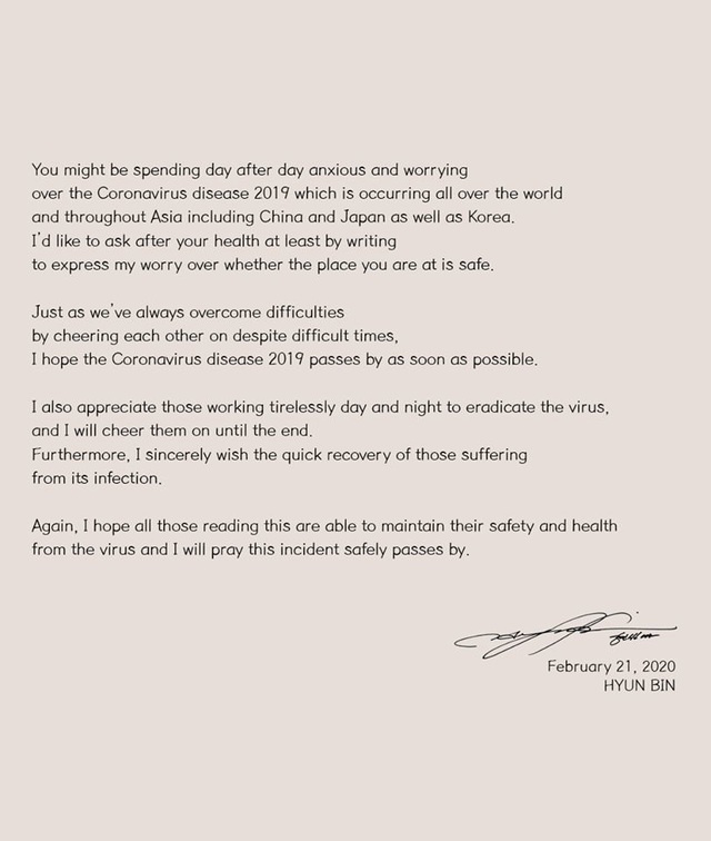 Hyun Bin khiến fan tan chảy khi viết thư trước bệnh dịch covid -19  - Ảnh 2.