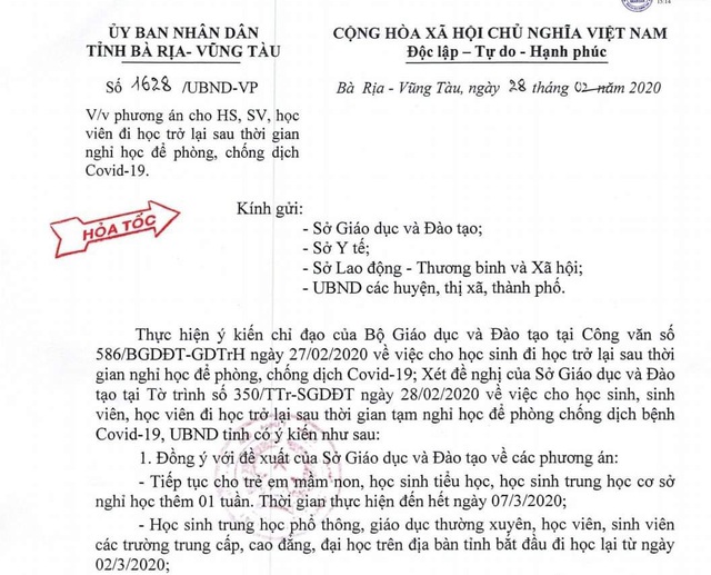 Bà Rịa - Vũng Tàu: cho học sinh mầm non, tiểu học, THCS nghỉ học thêm 1 tuần - Ảnh 1.