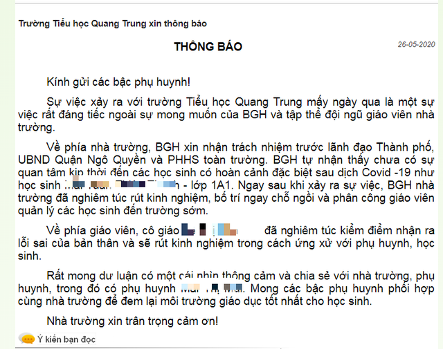 Trường Tiểu học Quang Trung: Rất mong dư luận thông cảm và chia sẻ với nhà trường, phụ huynh  - Ảnh 1.