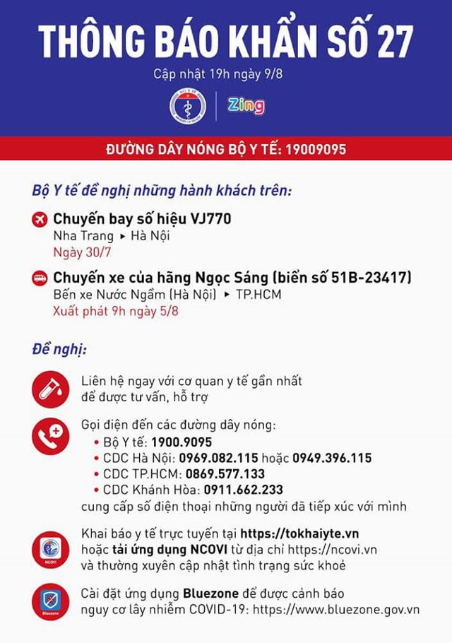Thông báo khẩn: Bộ Y tế tìm hành khách trên chuyến bay VJ770 (ngày 30/7) và xe khách Ngọc Sáng từ Hà Nội đi TPHCM (ngày 5/8) - Ảnh 1.